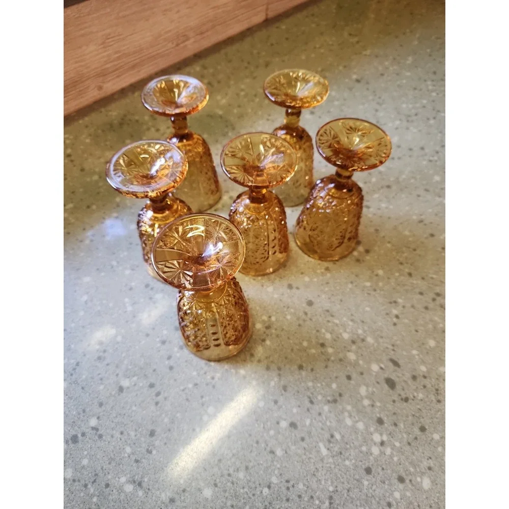 L.G. Wright Amber Daisy & Button Cordial Wine Glass Goblet Set of 6